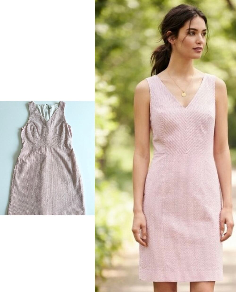 J.Crew Factory Seersucker Dress Pink White Stripe Sz 10 V-Neck